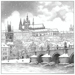 Praga înzăpezită - pagină de colorat