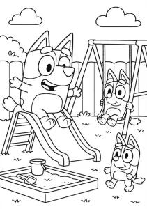 Bluey e Bingo no playground – desenho para colorir