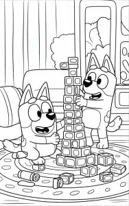 Bluey e Bingo estão construindo uma torre – desenho para colorir