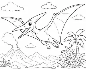 Dinosaurus Pterodaktyl letící nad sopkou – omalovánka