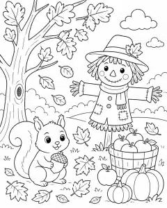 Paisagem de outono com um espantalho e um esquilo – desenho para colorir