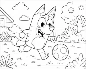Happy Bluey dengan bola di taman – halaman mewarnai