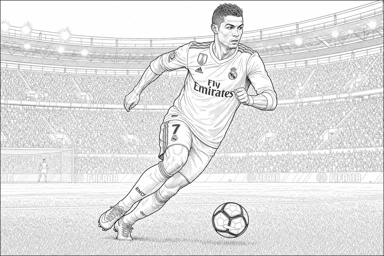 Cristiano Ronaldo footballer – realistic run with ball – colouring page