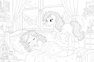 A menina Stelka dormindo com um pônei – desenho para colorir