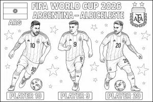 FIFA 2026 – Argentina, Messi, Alvarez și echipa Albiceleste – carte de colorat