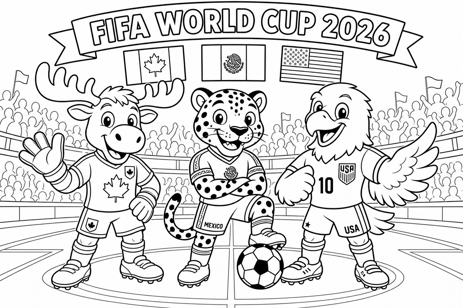Mascotele FIFA 2026: Maple, Zayu și Clutch – carte de colorat pentru copii