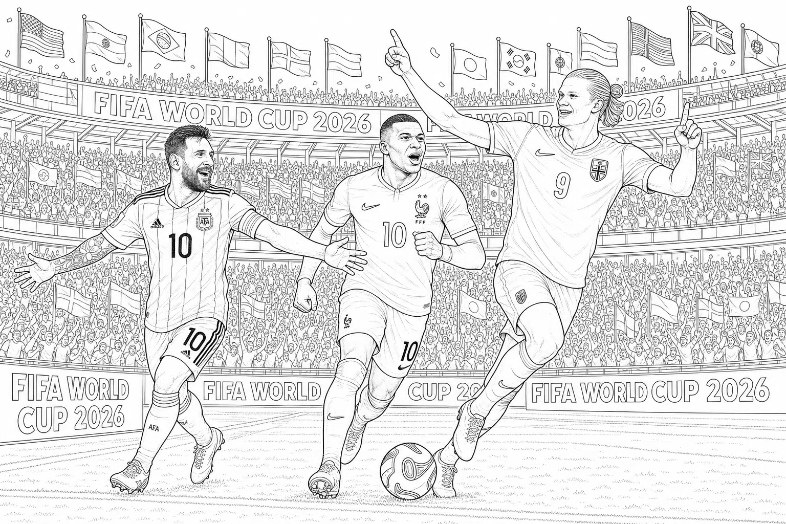 FIFA 2026: Messi, Mbappé și Haaland în stil realist – carte de colorat pentru copii