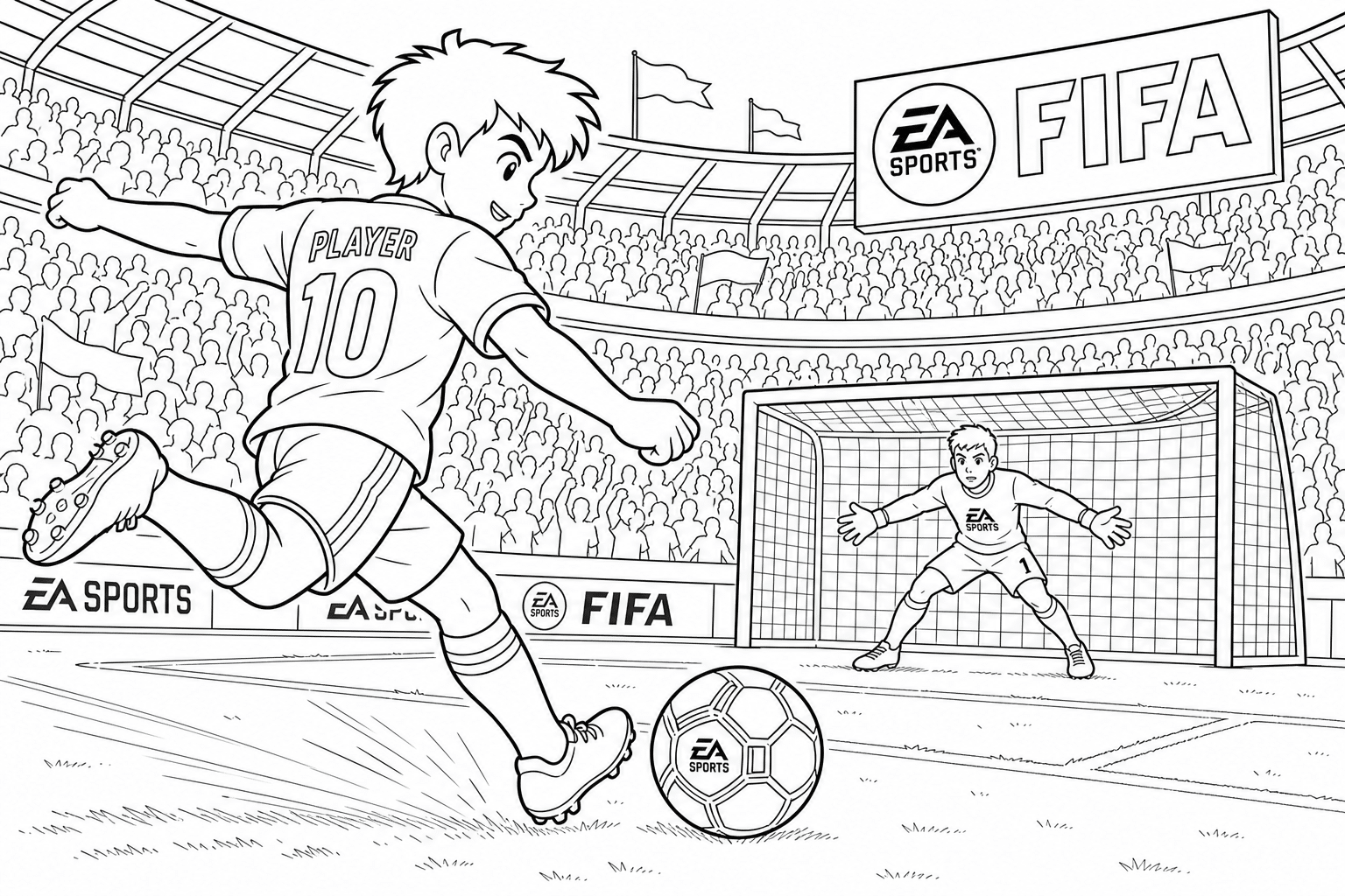 FIFA football – player kicking at goal – colouring page