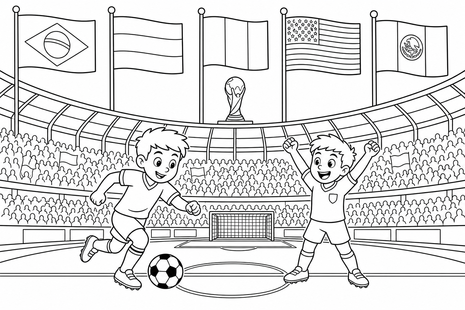 Stadionul Cupei Mondiale FIFA cu steaguri și fotbaliști – carte de colorat pentru copii