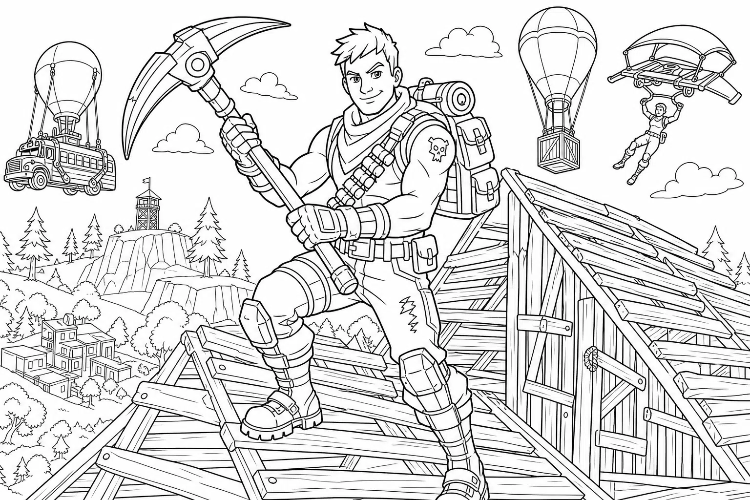 Fortnite character with pickaxe – colouring page