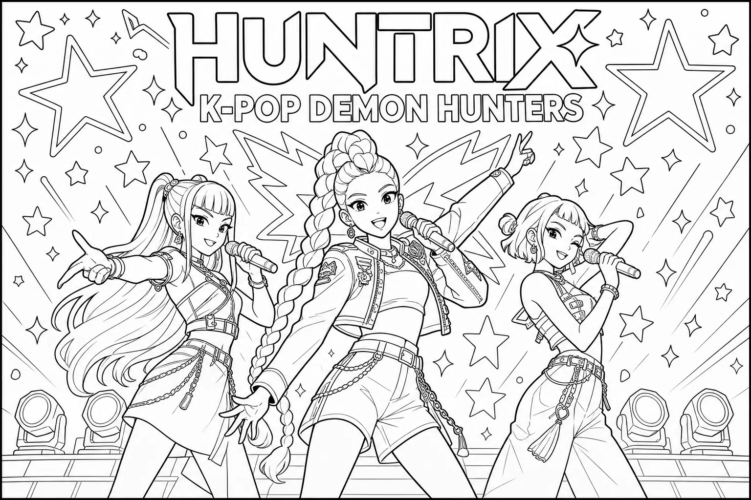 Huntrix – Zoey, Rumi and Mira at a concert – colouring page