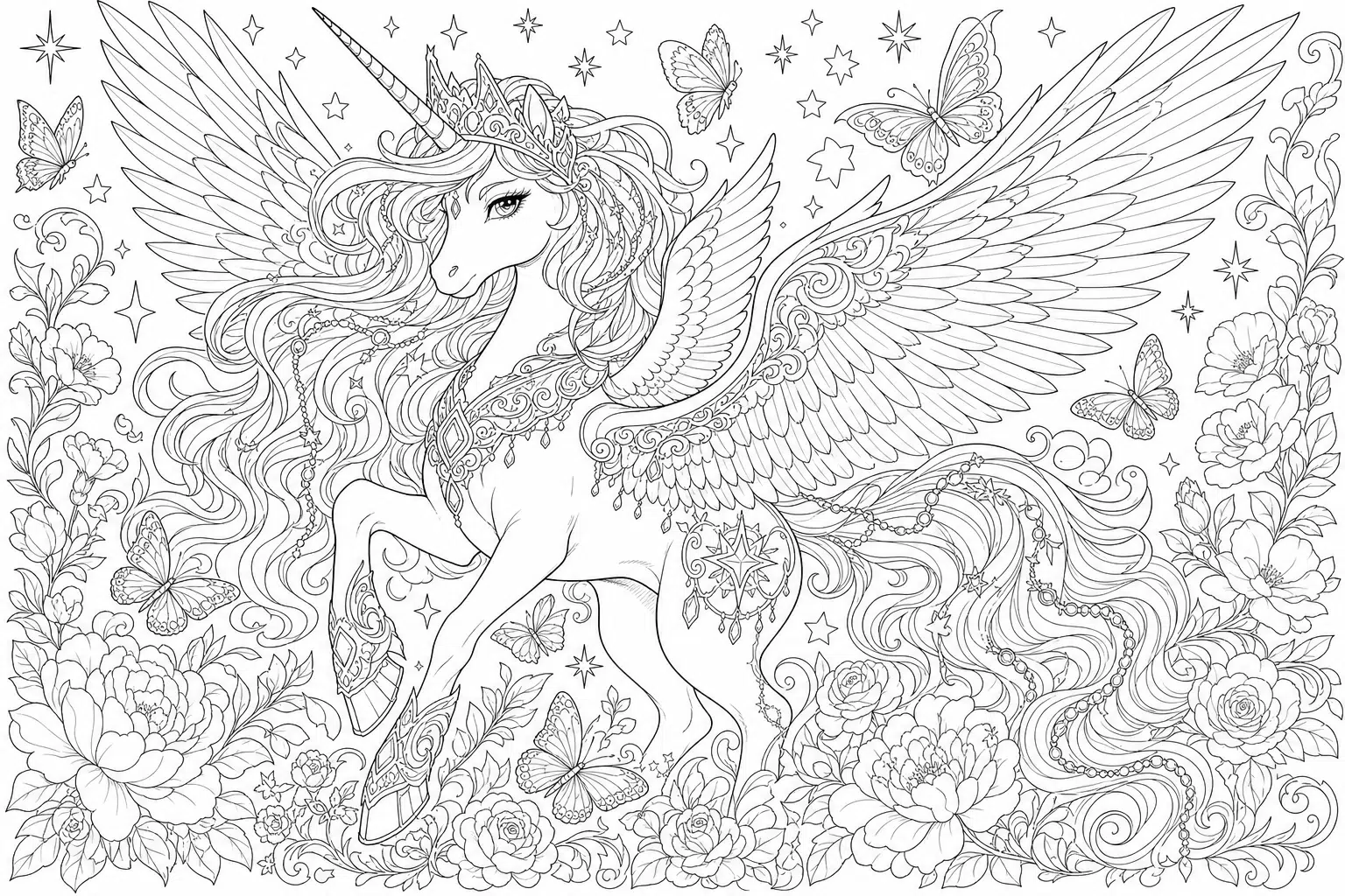 Unicorn with wings – colouring page