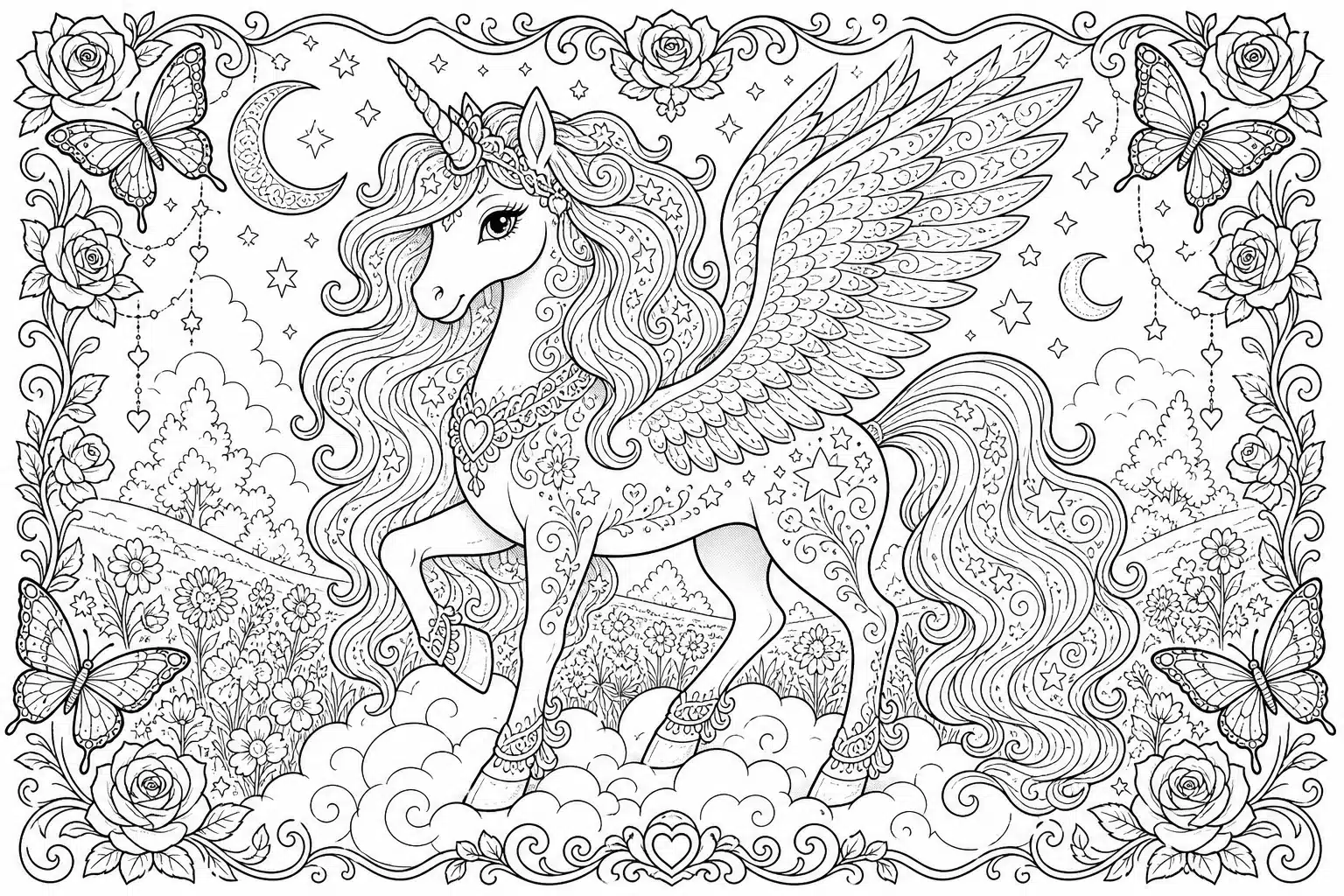 Complex winged unicorn colouring page