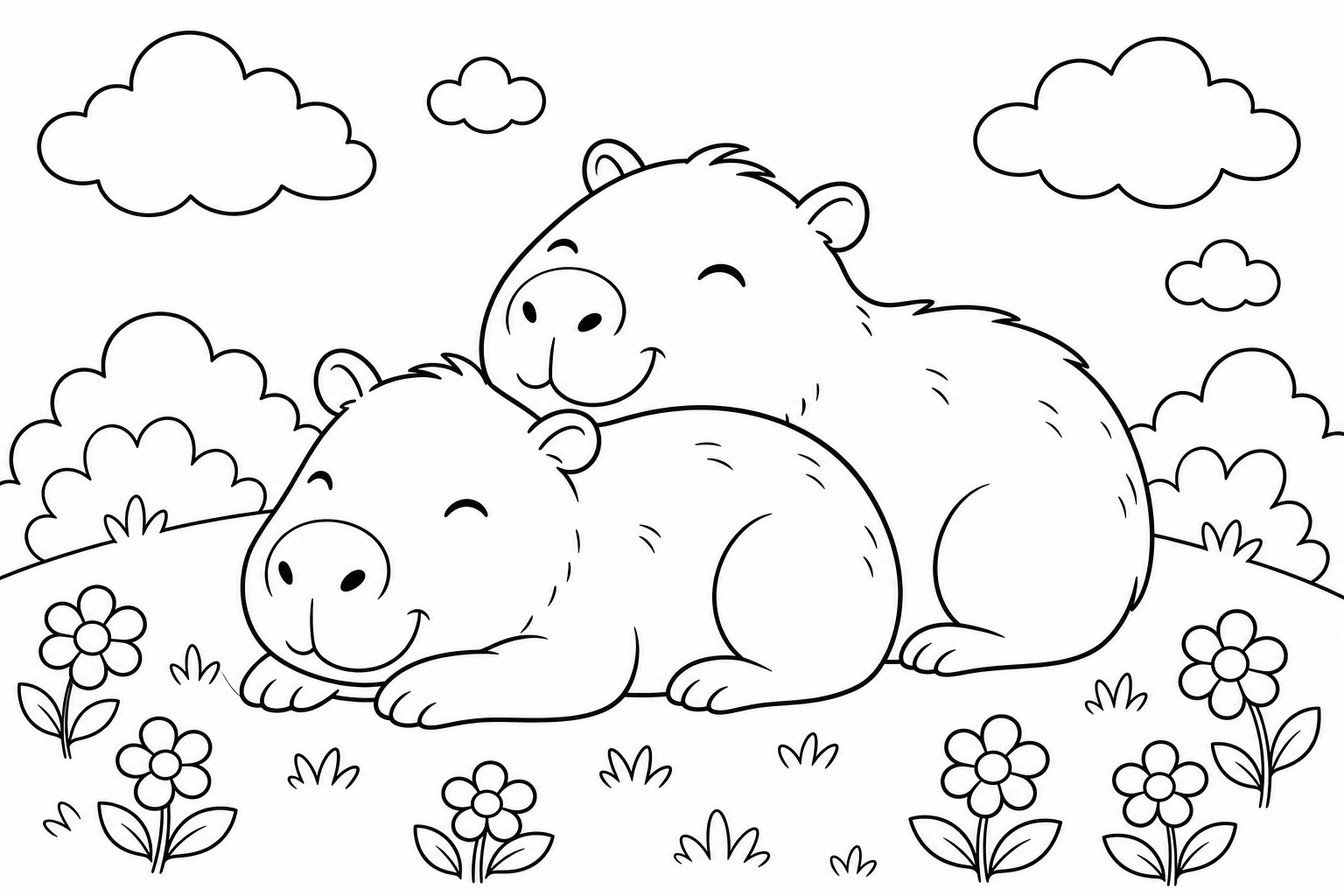 Capybara, a pair in the grass – colouring page