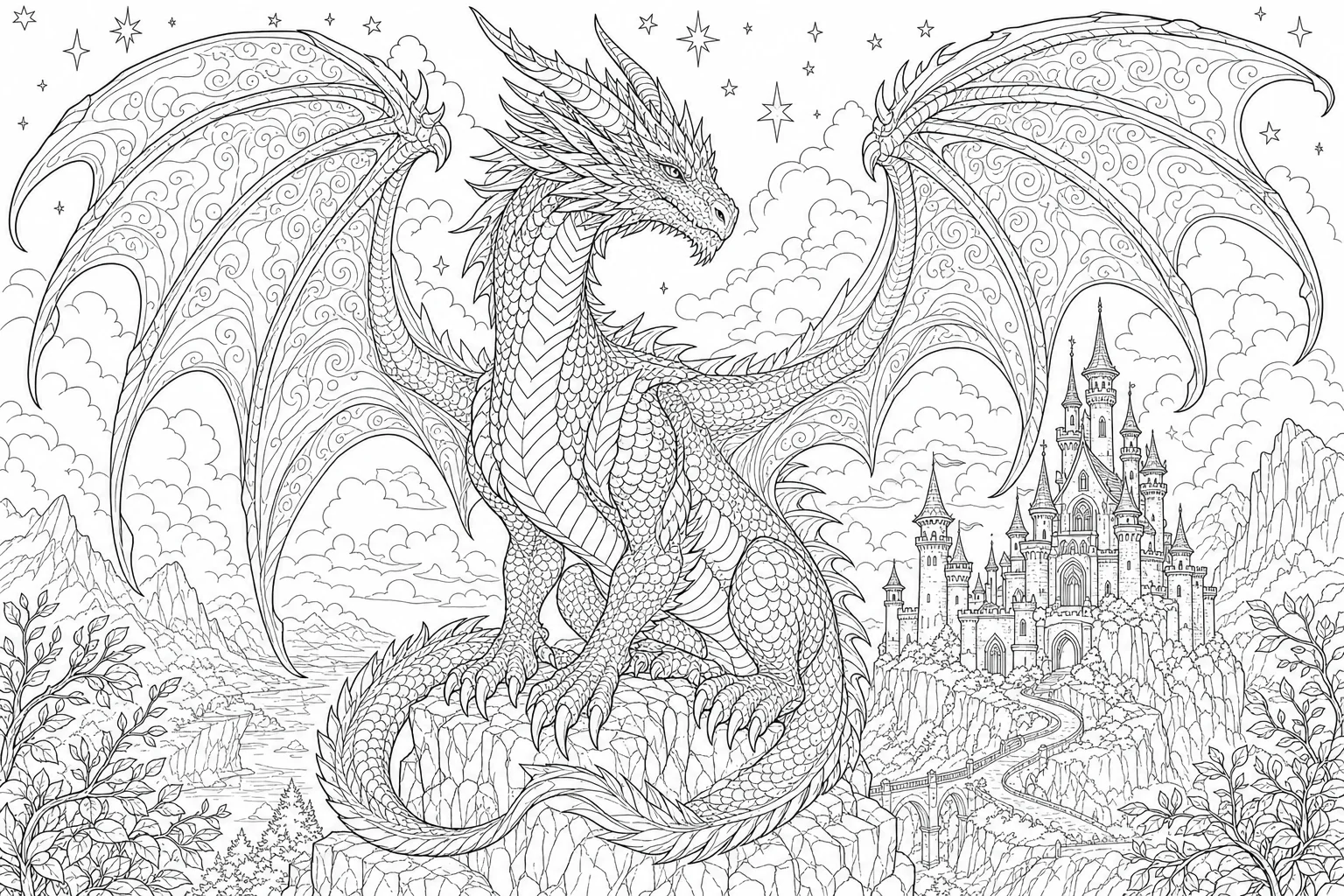 Complex dragon colouring page