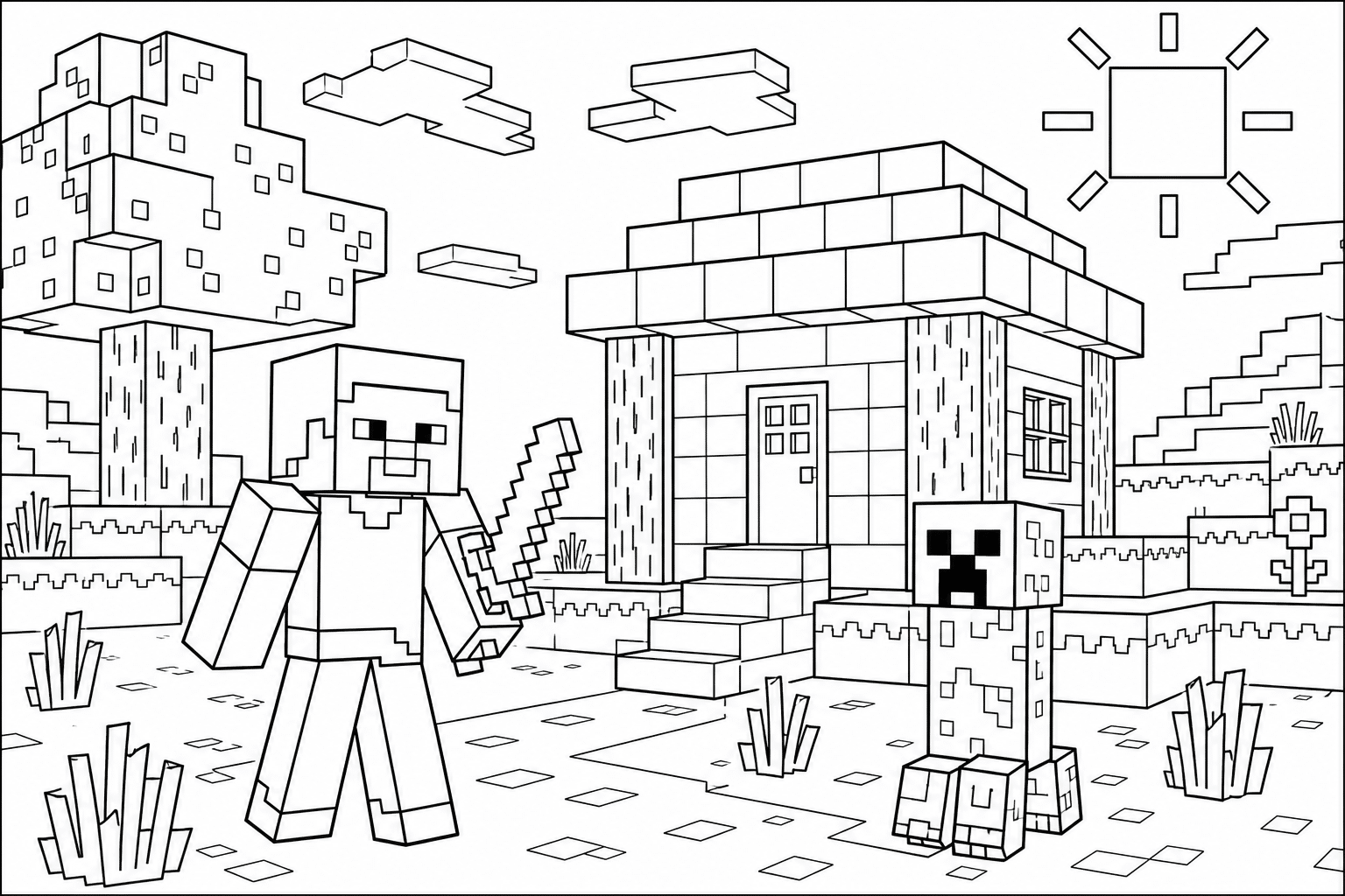 Minecraft – Steve and Creeper by the house – colouring page