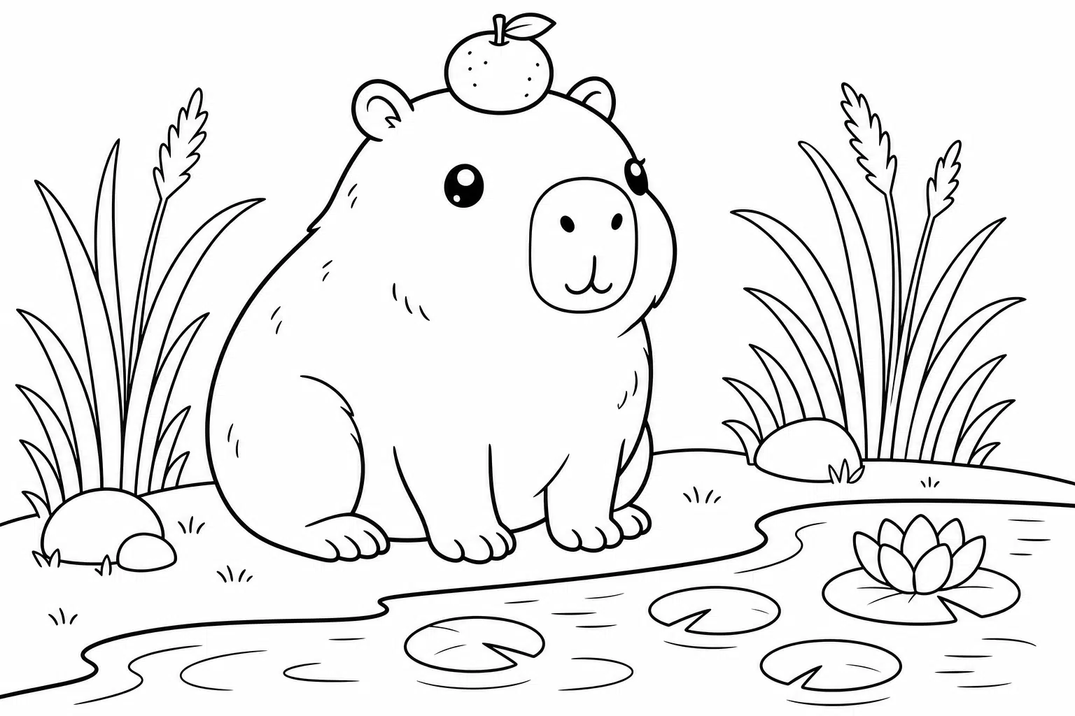 A cute capybara by the water – a colouring picture