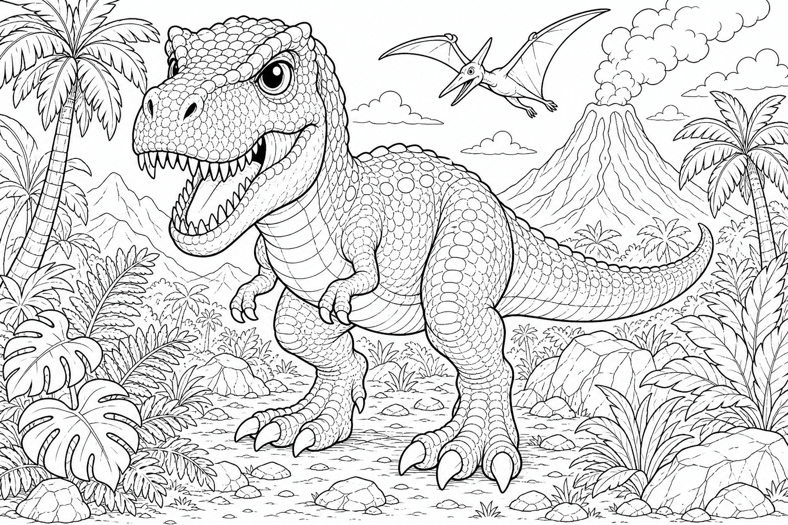 T-Rex dinosaurus v prehistorickém světě – omalovánka