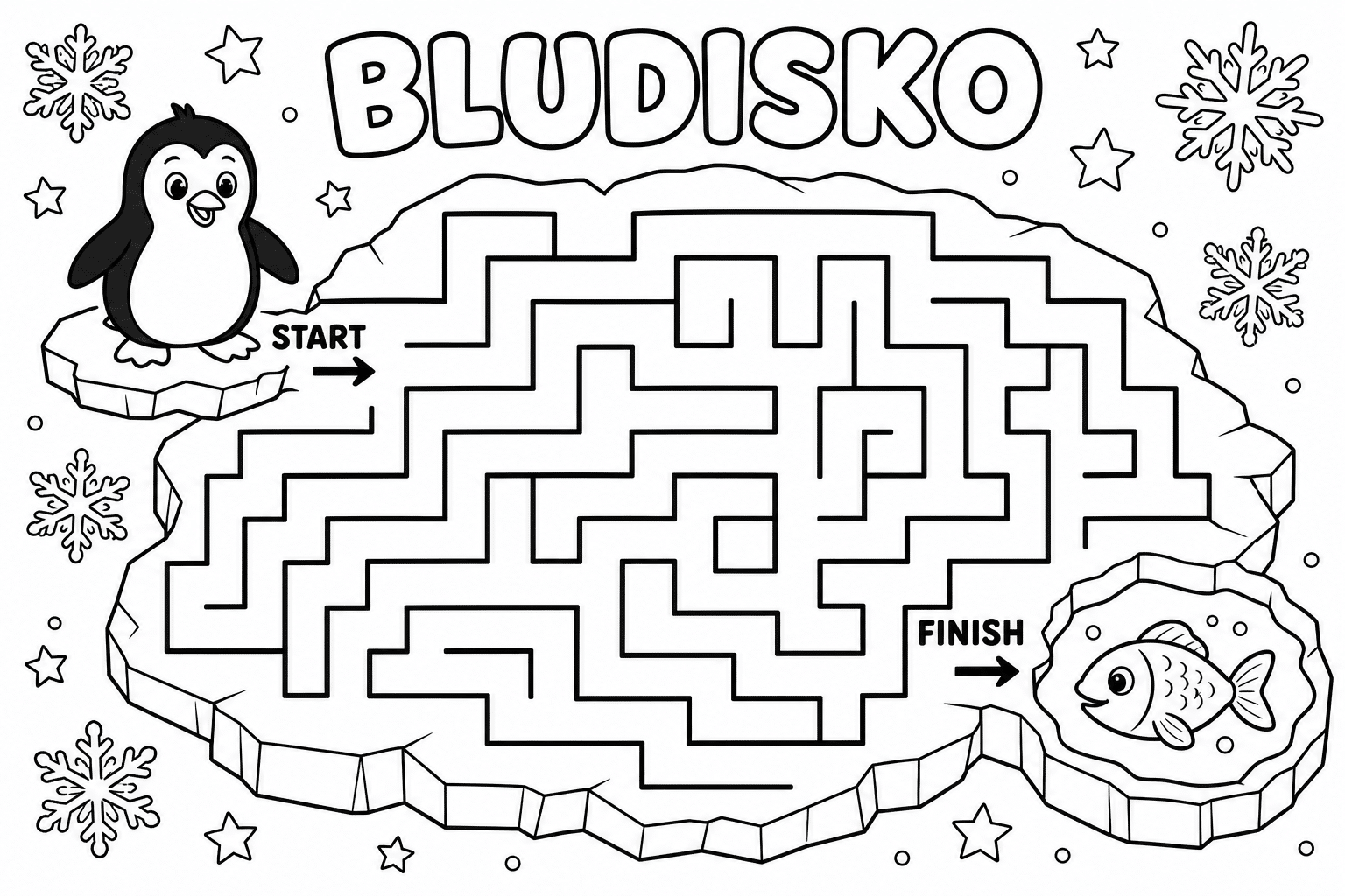 Maze – penguin and fish – colouring page