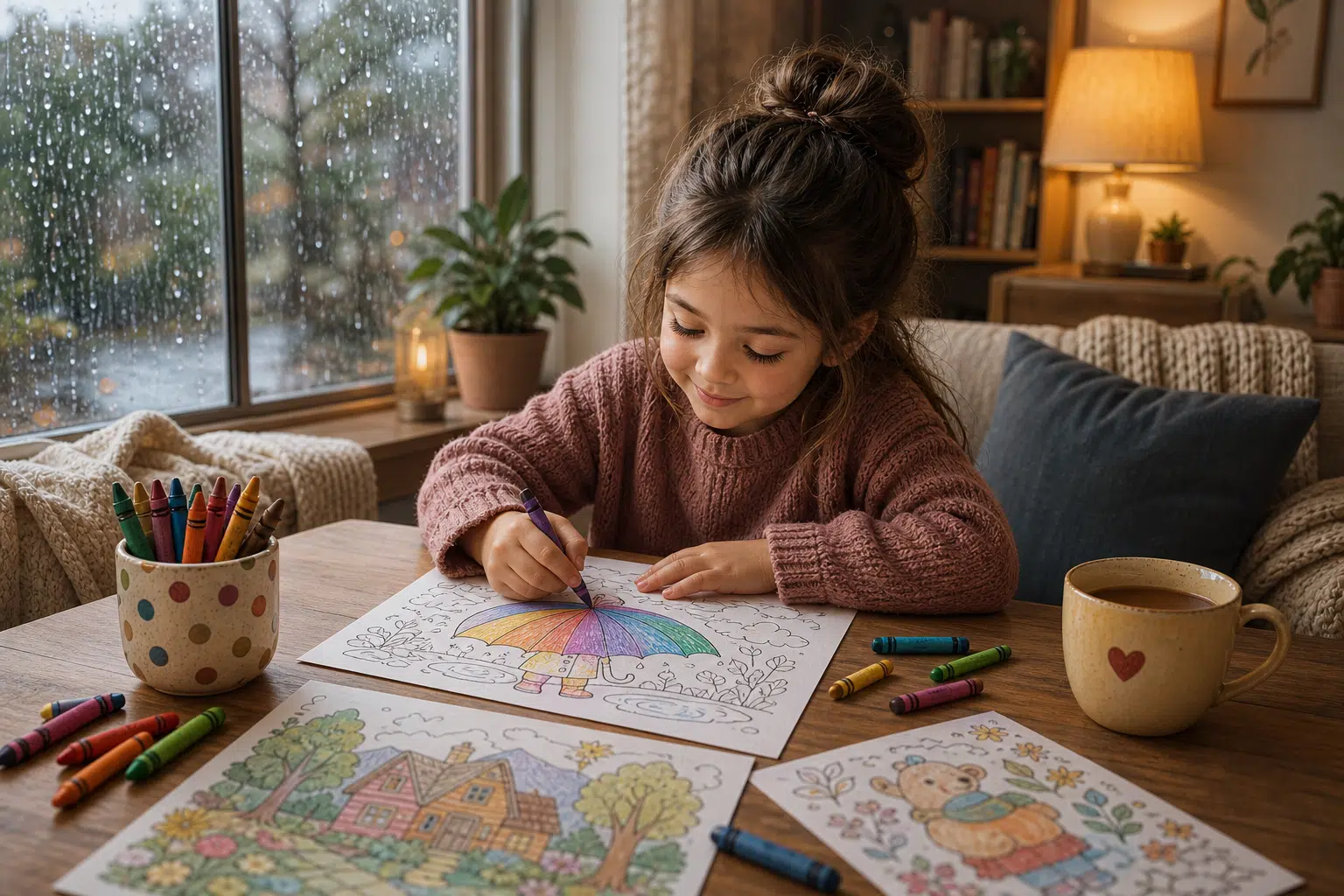 Uma criança à janela, sob a chuva, está pintando um desenho para colorir – atividades com crianças em casa
