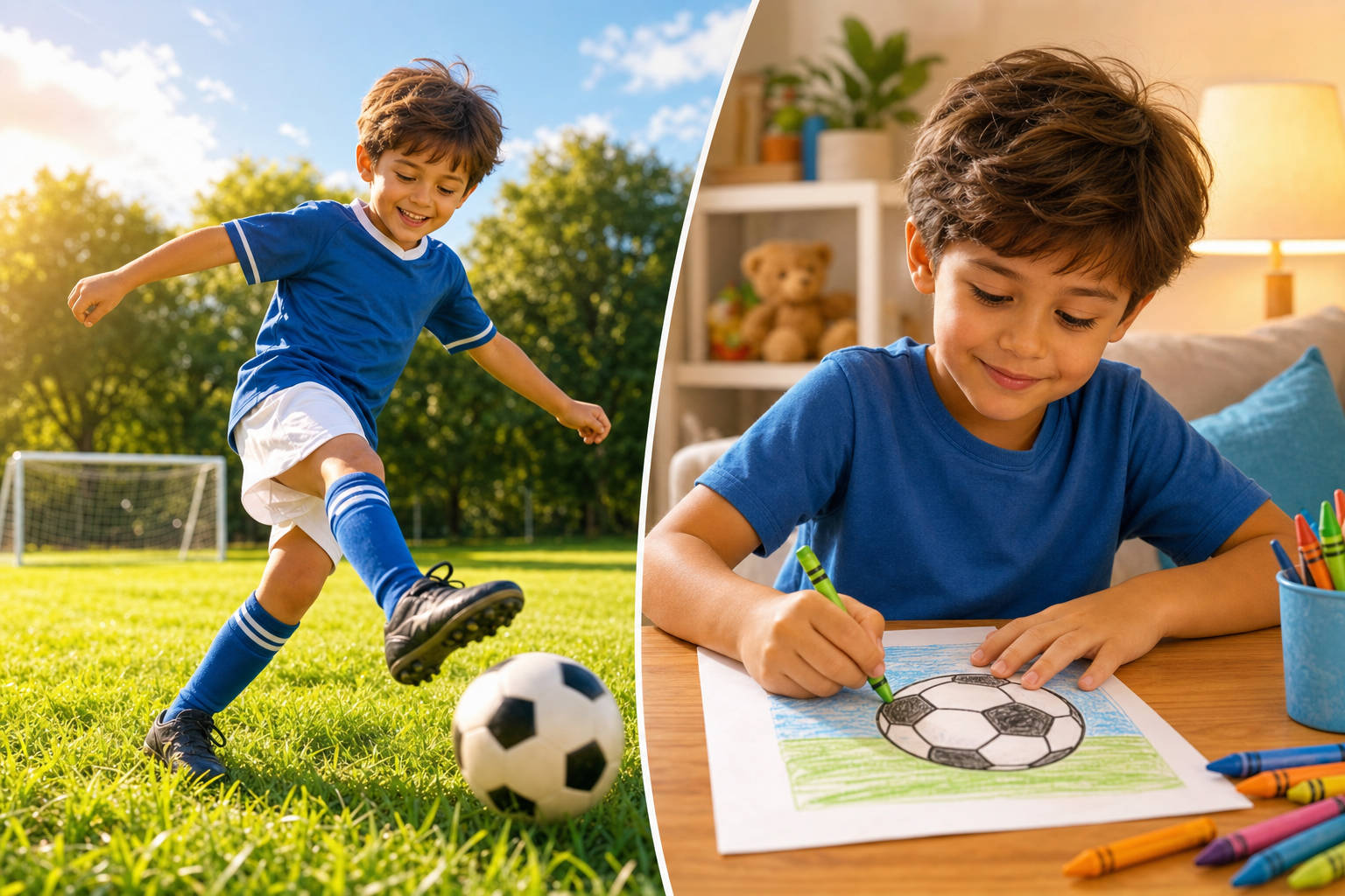 A criança joga futebol ao ar livre e depois pinta um desenho de futebol para colorir – equilíbrio entre atividade física e relaxamento