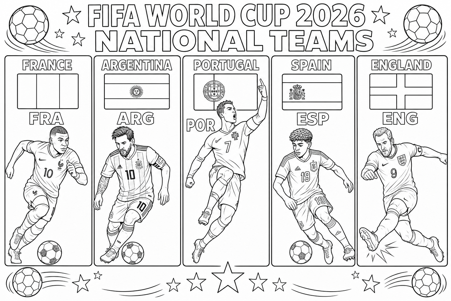 FIFA 2026 Franța, Argentina, Portugalia, Spania, Anglia – carte de colorat pentru copii