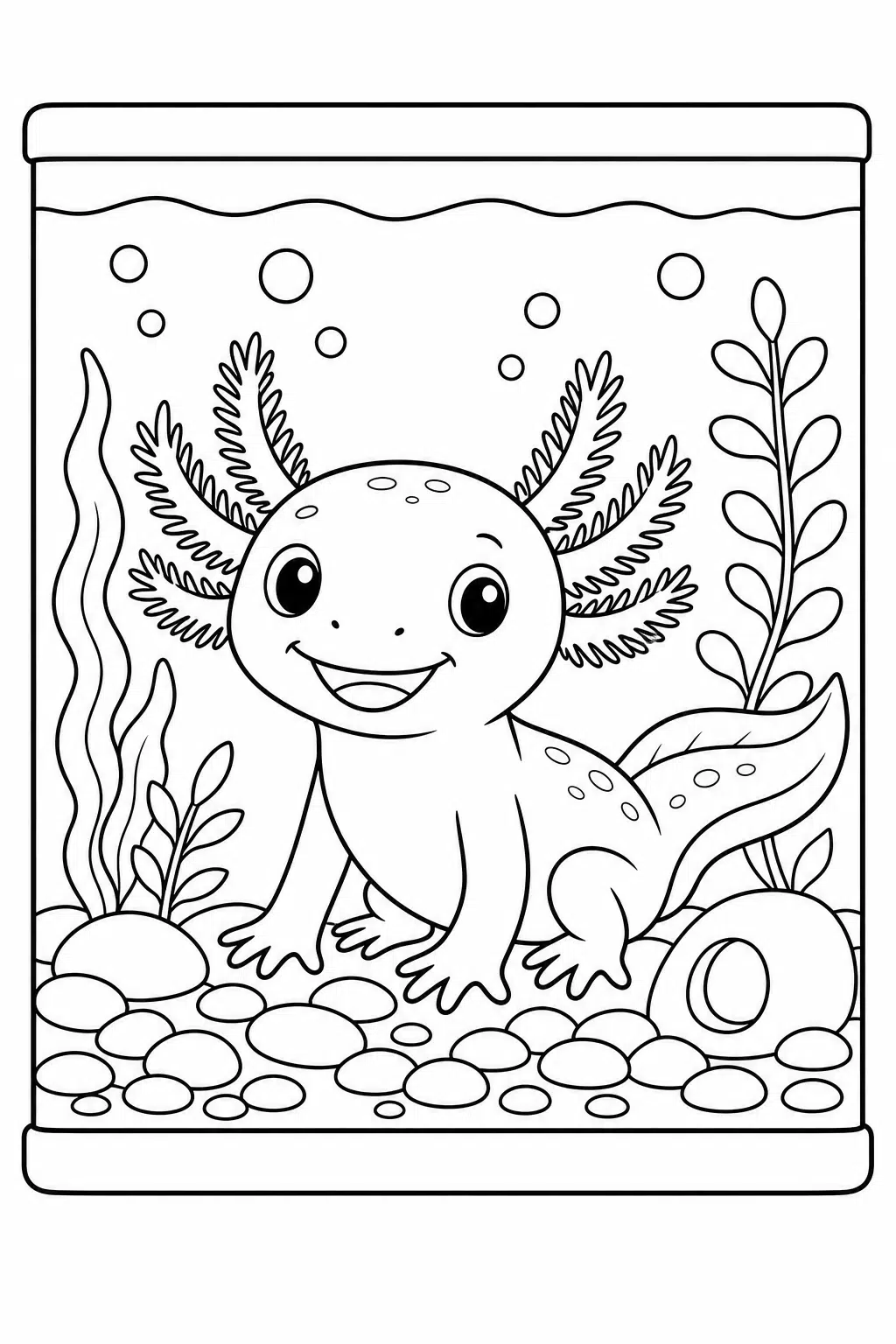Un axolotl drăguț în acvariu – carte de colorat