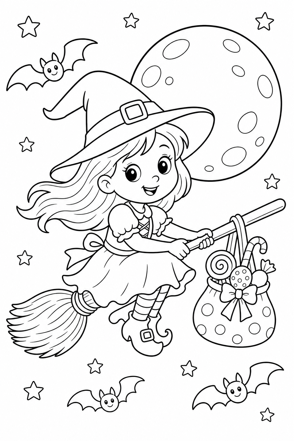 Halloween – a witch on a broomstick – colouring page