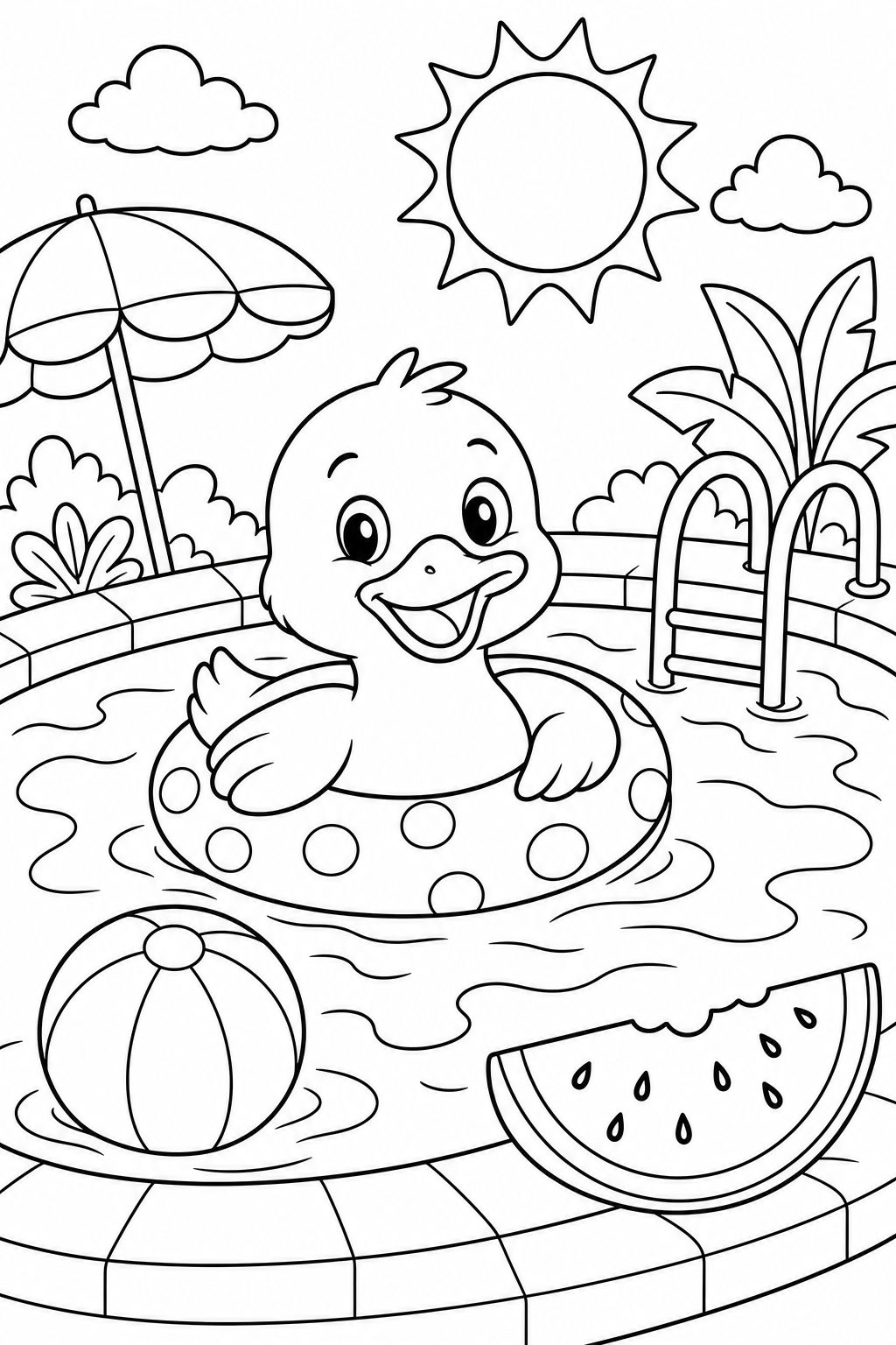 A duck in a summer swimming pool – colouring page