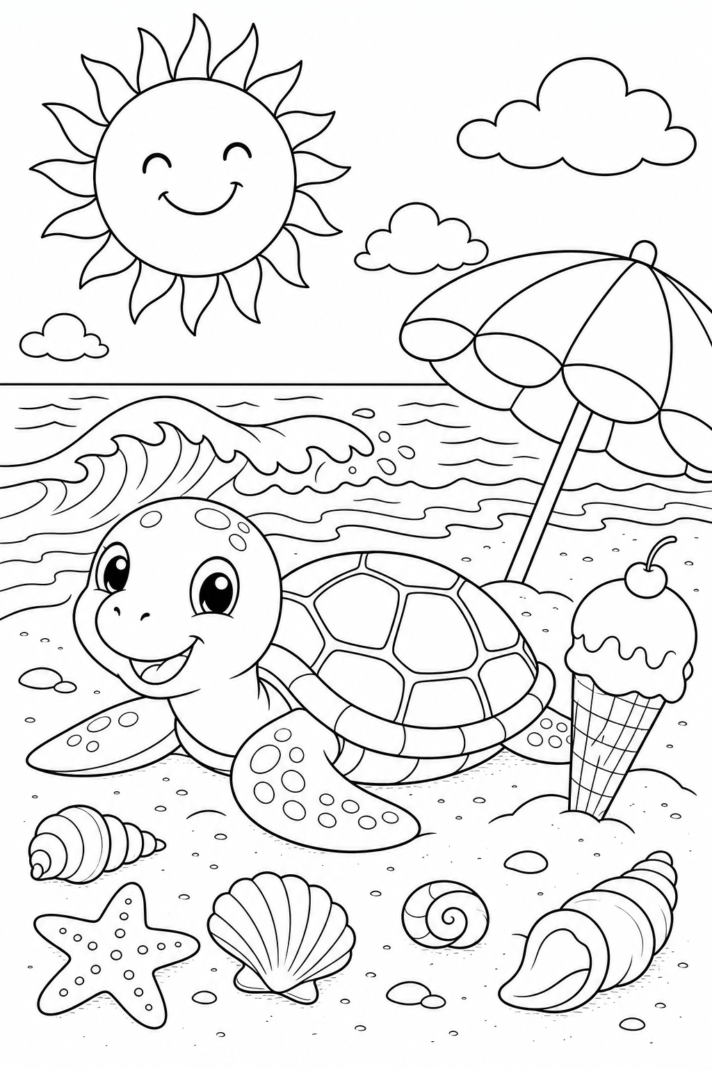 A tortoise on a summer beach – colouring page