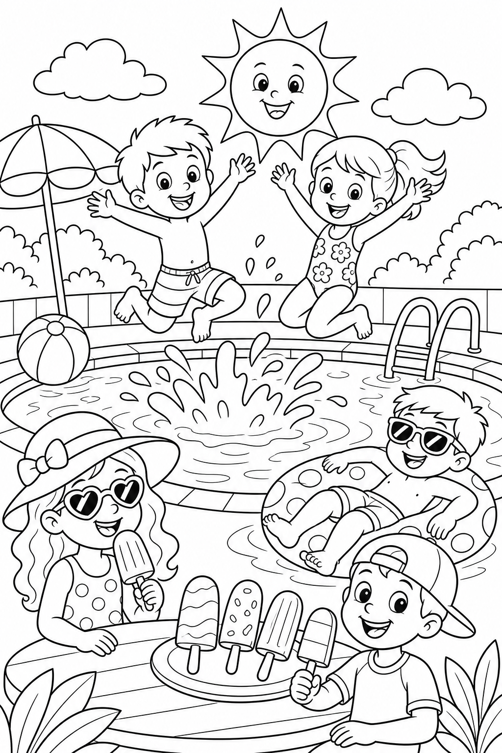 Summer by the pool – ice lollies and dives into the water – colouring page