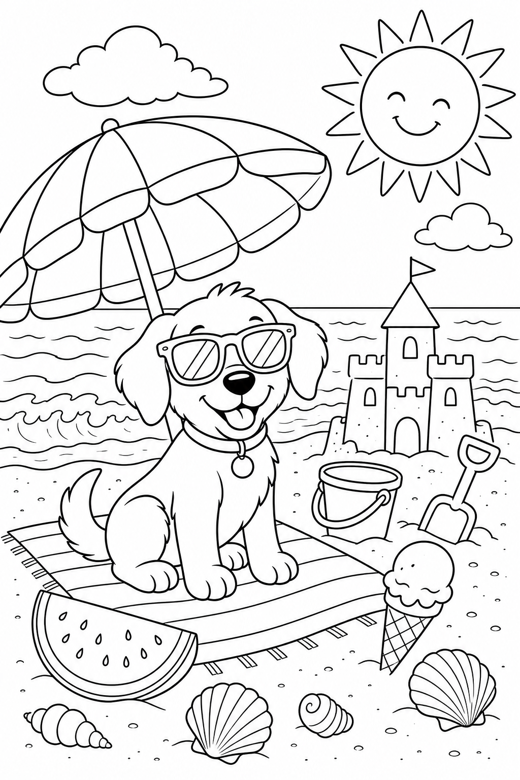 A dog on a summer beach – colouring page